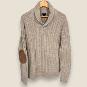 J. Crew Mariner Shawl Collar Sweater Men Medium Beige Suede Patches Cotton